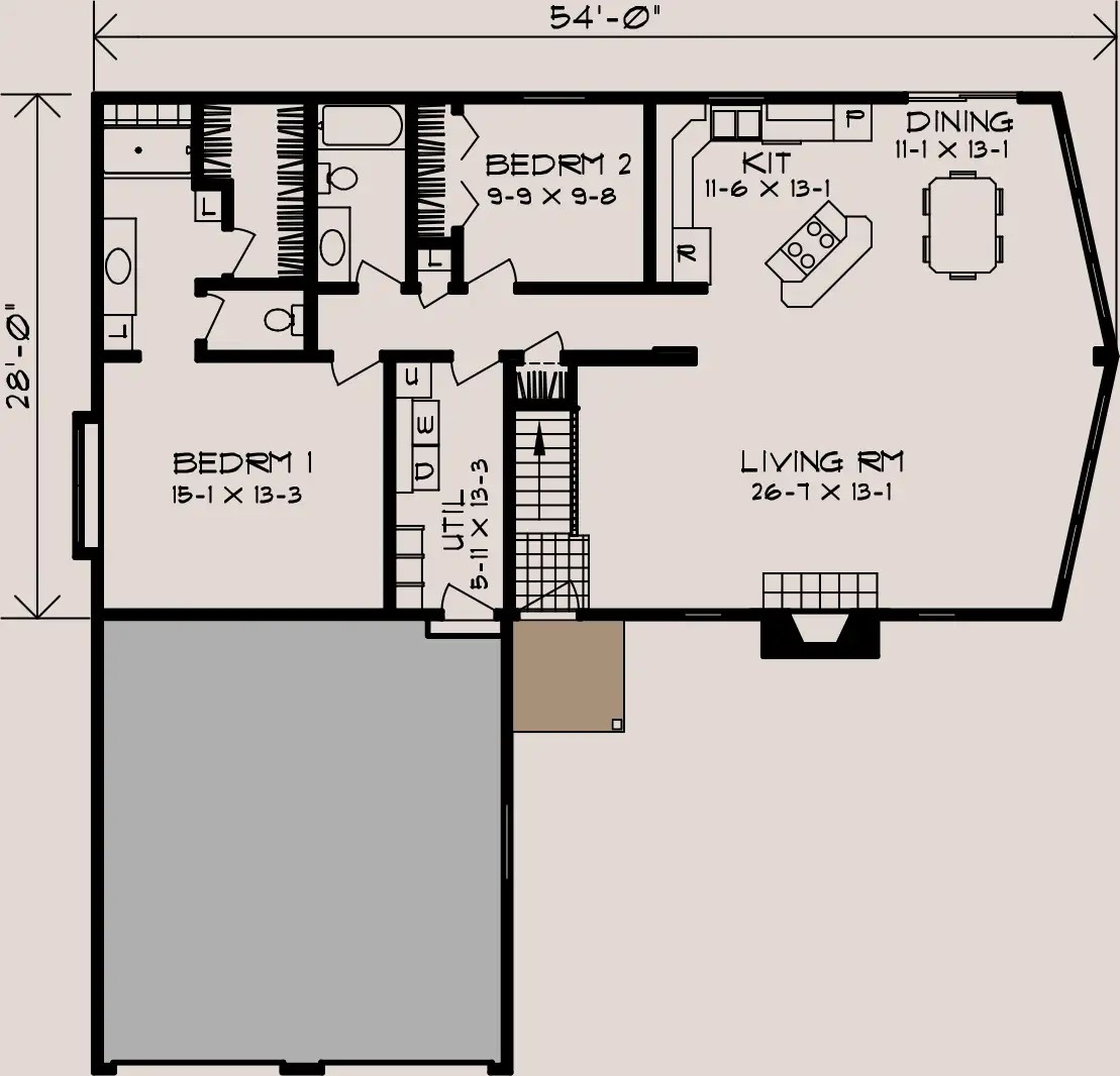 Ponderosa A floor plan, 54 feet by 28 feet
